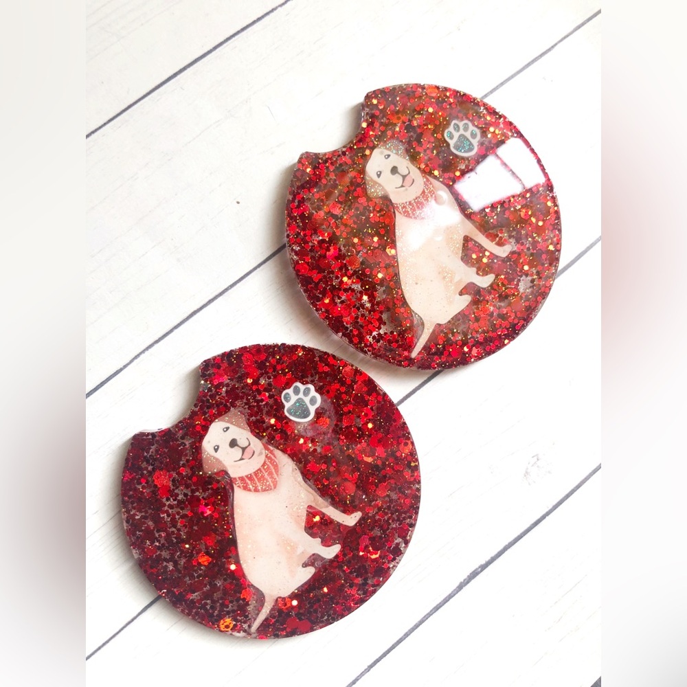 Yellow Lab Dog Breed Dog Mom Red Glitter Handmade Resin Car Coaster Set